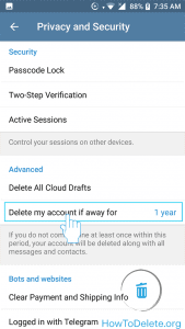 delete telegram account if away for