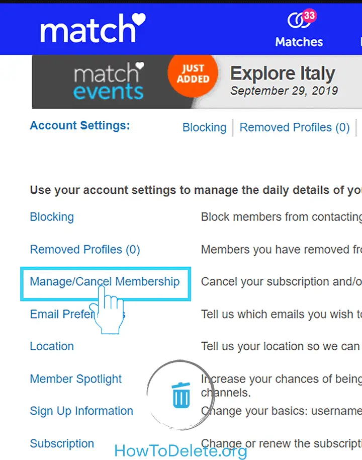cancel membership match option account delete