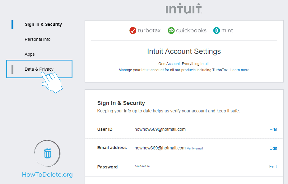 delete intuit mint account