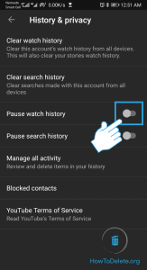 Toggle on Pause watch history